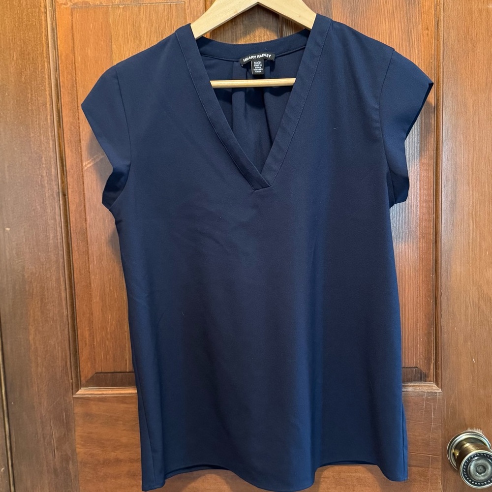 Hilary Radley Blue Cap Sleeve V-Neck Blouse